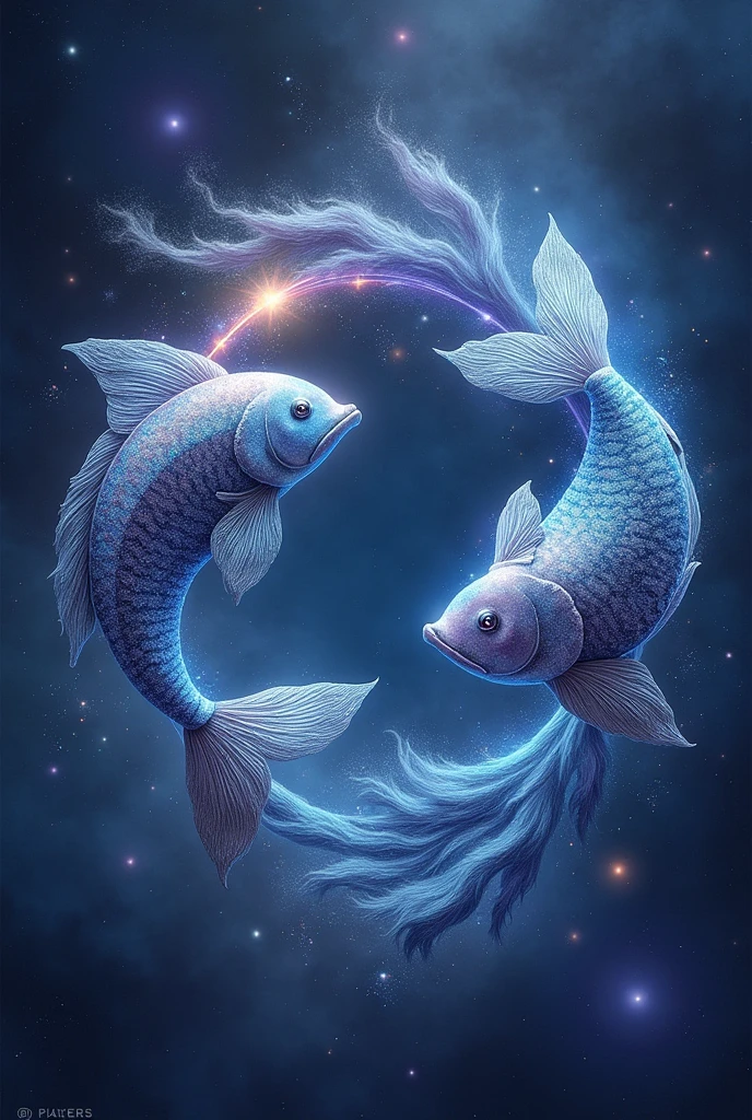1. **Pisces Symbol**: The Pisces symbol is represented by two fish swimming in opposite directions, connected by a curved line. In galactic style, draw the symbol with a starry and fluid light effect, perhaps with the glow of stars and nebulae reflected in the shapes of the fish.
2. **Colors and Style**: Use a color palette that includes deep blue hues, roxo e prata, with details in aquamarine green and light pink. The background should be a space panorama, with soft nebulae, distant galaxies and a sense of fluidity and mystery.
3. **Additional Elements**: Incorporate elements that evoke the aquatic and mystical world. Add ethereal fish made of stars and cosmic dust swimming in a cosmic waterscape. Include details such as waves of stellar energy and constellations that intertwine to reflect the emotional and spiritual connection of Pisces.
4. **Texture and Effects**: Use water and stardust textures to give a sense of movement and fluidity. Apply subtle sparkles and soft light effects to highlight the symbol and create a dreamlike and magical environment, reflecting the dreamy and intuitive nature of Pisces.