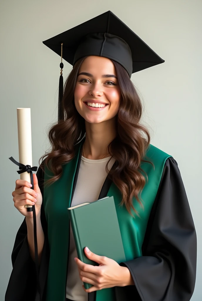 Full body image of a young white woman with brown eyes and long black straight hair smiling wearing a black and green graduation gown, black shoes. Holding 1 book in one hand and the other hand raised holding a diploma scroll.
