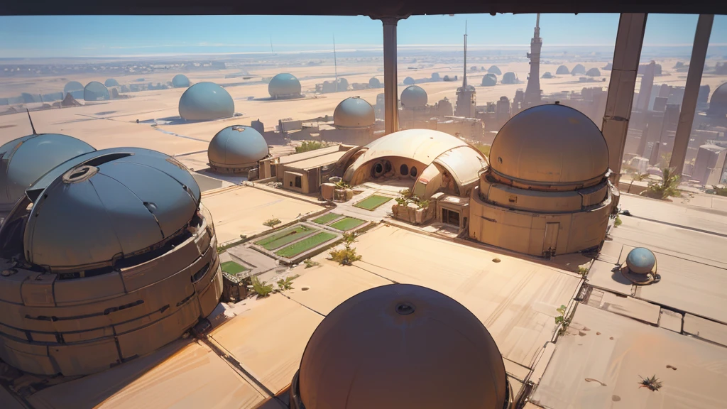 Create a scene viewed from above an abandoned base in the middle of a futuristic city on the planet Venus.. The planet's biome is desert-like and should have dry plants.