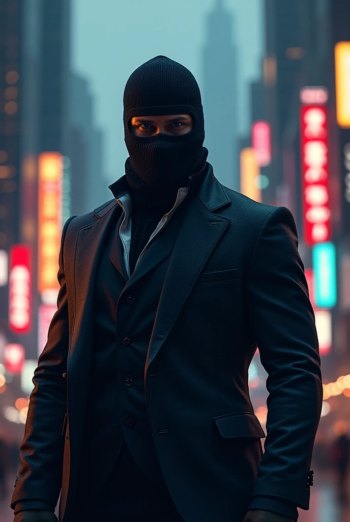 Full-body man wearing a balaclava in the heart of the city of lights 