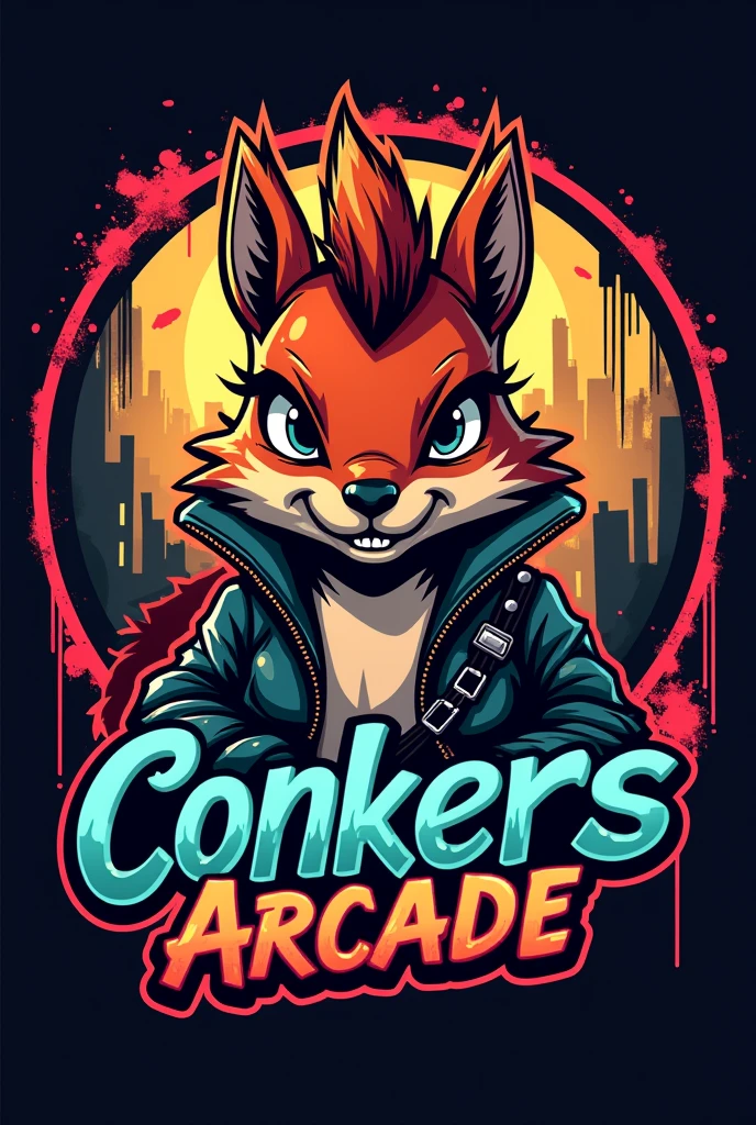 Make a logo with a punk squirrel for an arcade called Conkers Arcade, Use a formula that grabs the audience's attention