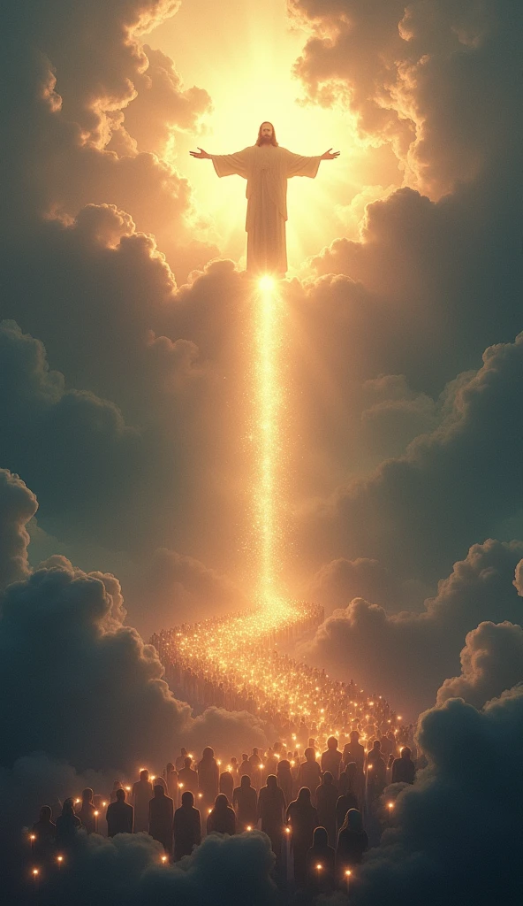 Jesus appears in the clouds shining with a bright light. Meanwhile millions of people are on earth with their bodies shining too.