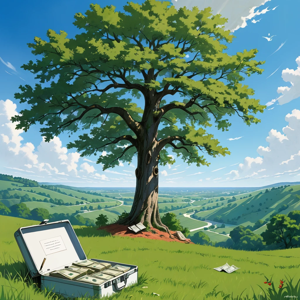 "Red" of the movie The Shawshank Redemption stands under a large tree, smiling gently, holding an opened small white metal case with some dollars inside and a note, and looking sideways at the horizon. clear blue sky, and the leaves of the tree sway gently in the breeze. The tree is on a hill that slopes gently down to reveal a lush green meadow that stretches across the entire region,interrupted only by a winding road that passes below on the right,centered,nice composition