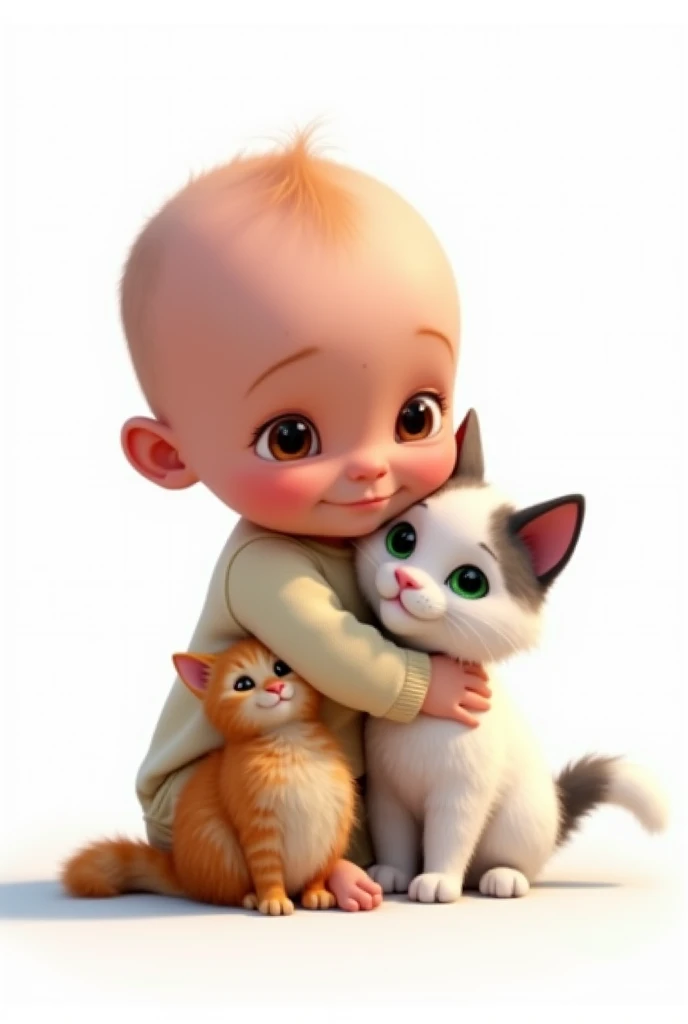 create a png image with a white background of a bald baby boy, with a slightly elongated head of light skin, eyes browns, wearing a onesie hugging lovingly, two cats, one of the cats with white and orange fur and the other cat with white and gray fur, both cats with green eyes, all in disney pixar style,