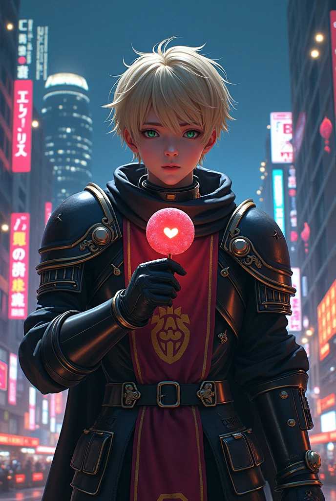 A Man with armor and a cloth in the middle of the armor with a heart on that cloth holding a lollipop. His hair was blond and his eyes were green. He was in a city at night that looked like Tokyo. He appeared to be .