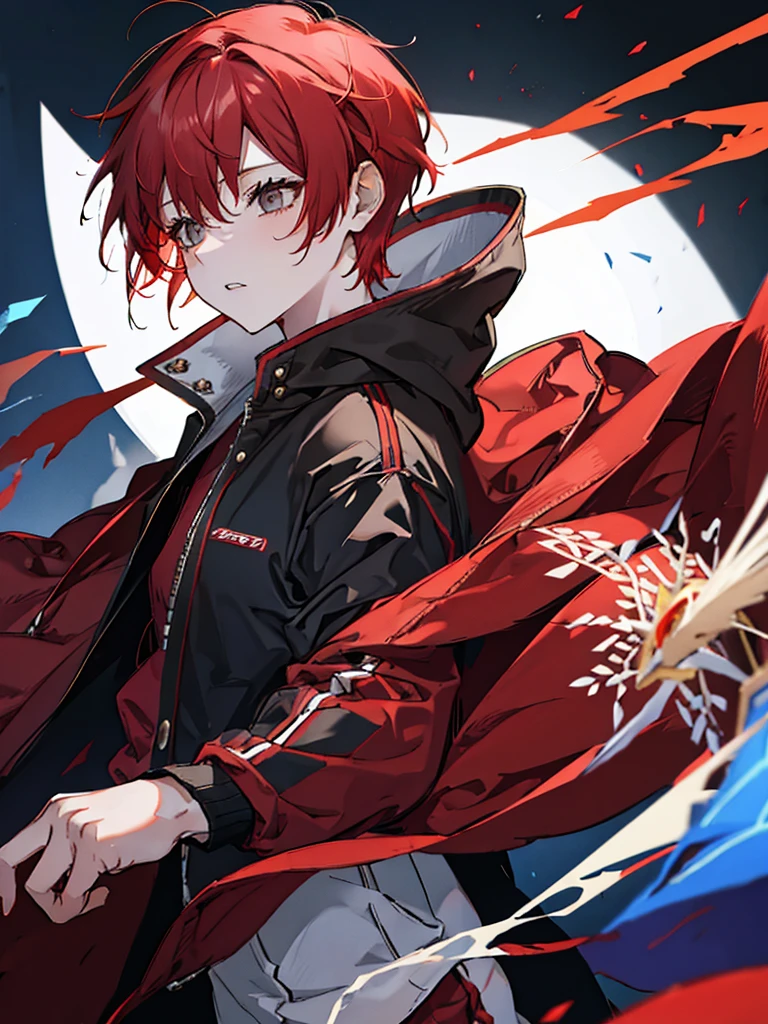 Red hair, short hair, male, hooded coat