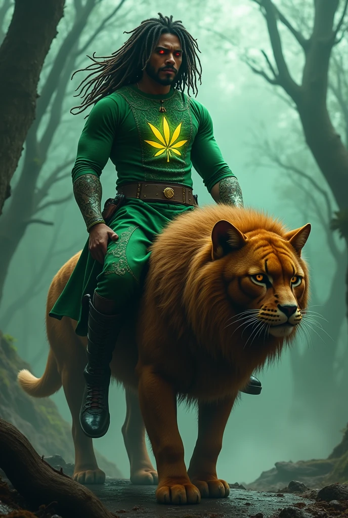 Rasta dark fantasy with green Power Ranger clothing featuring a hemp leaf on the chest, riding He-Man's warrior cat.
