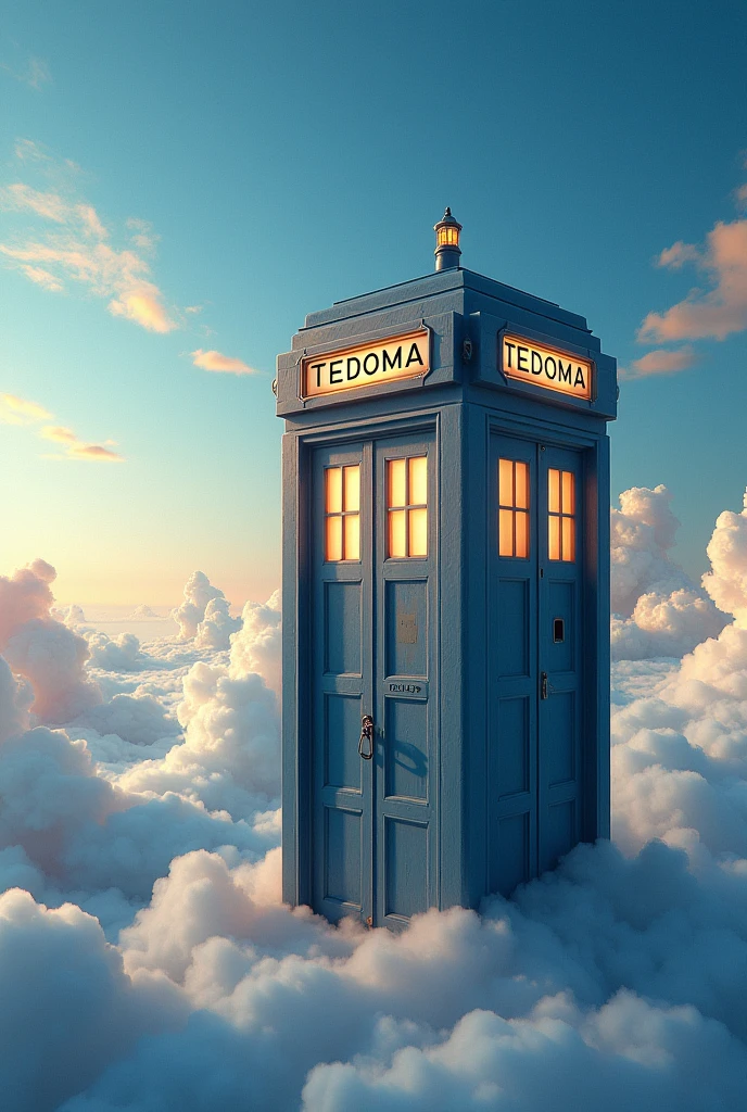 Image generated of a telephone booth with a sky background, Promotional Art BBC, by Wayne England, Fantastical telephone booth, positioned on the right side, Written on top of the booth TEDOMA, fancy, 3840x2160, 3840 x 2160, por Derek Hill, Dr. Quem, por Jason Benjamin, Direction: Steve Prescott