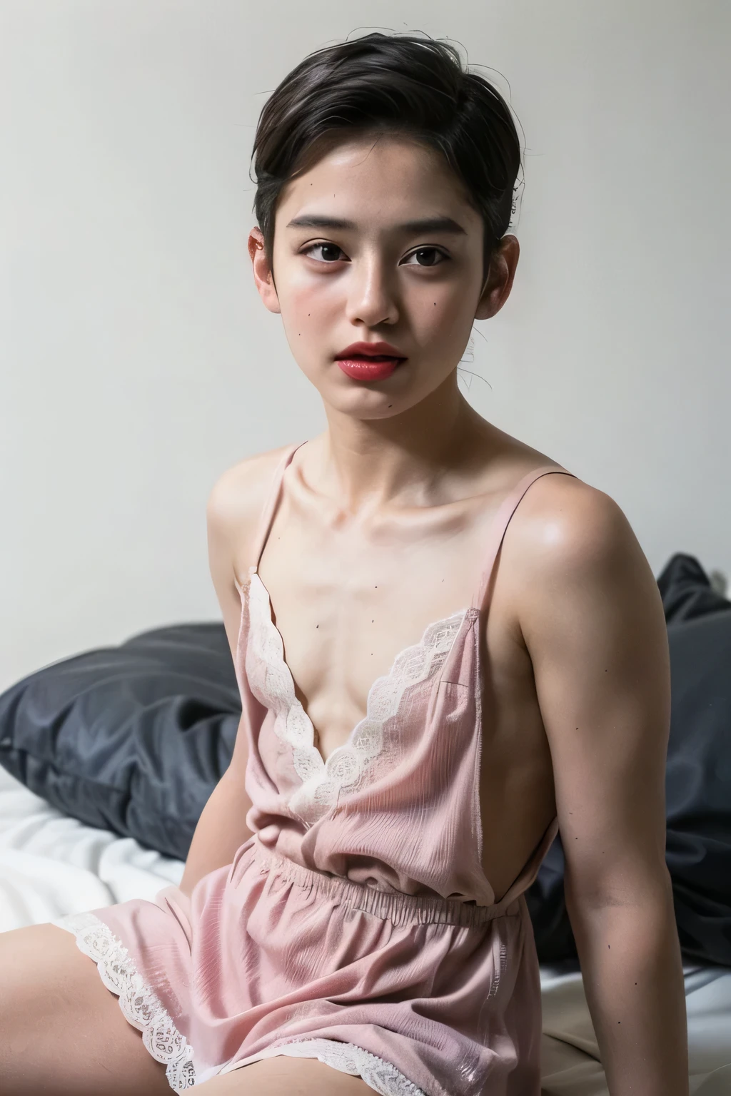 (((NAKED))), Spread, ((SLEEPING FEMBOY)), (((SAD FACE EXPRESSION:1.1)), ((NECK LACE RIBBON)), ((GOTHIC EYELASHES & LIPS)), ((LIPS)), ((boy very shorthaircut)), adorable, 1 girl, (face to face), , baby face, happy, half body portrait, (face details: 1), (eye details: 1), ((tiny breasts)). ((Lace V-neck ice silk suspender nightdress)), ((net stockings)), lingerie ((red lips)), lie down (((PINK NAKED)))