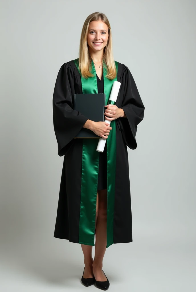 Full body image of a young white woman with brown eyes, straight blonde hair, smiling, wearing a black and green graduation gown, black shoes. Holding 1 book in one hand and the other hand up holding a diploma scroll. 