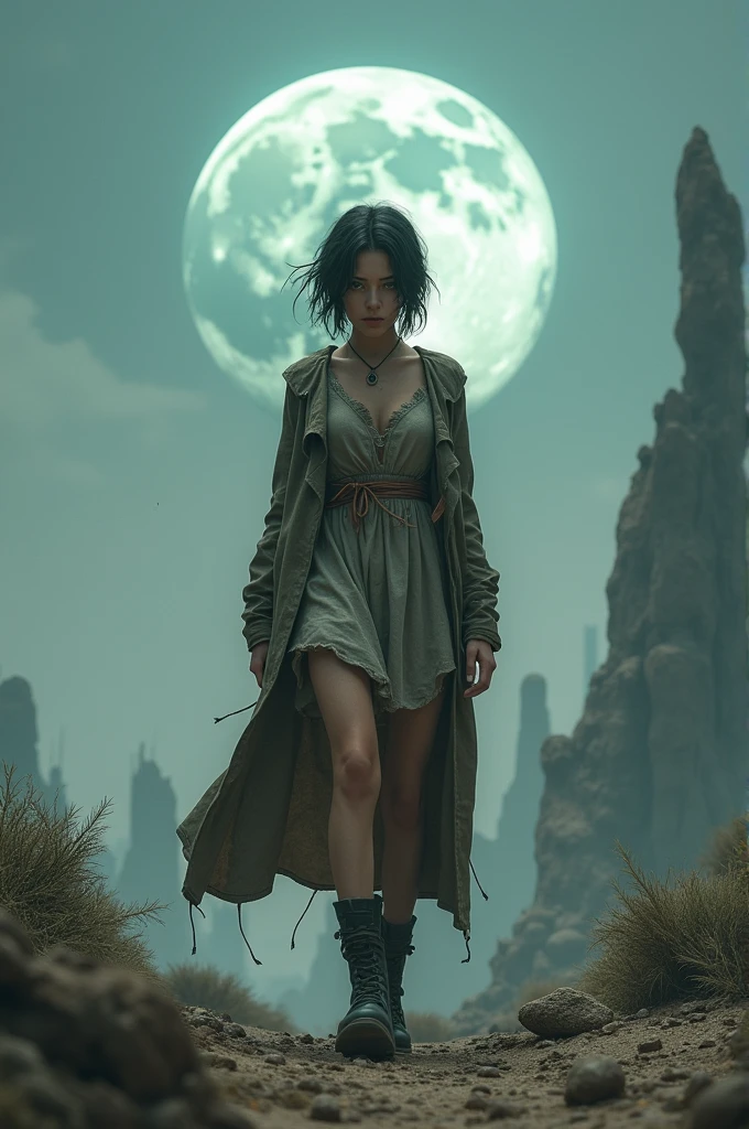 ((Best Quality)), ((masterpiece)), (detailed), (original), (realist), Short hair girl, backwards, whole body, strappy pants, long coat over dress, Boots, survivor, moon stop, earth planet in the background,