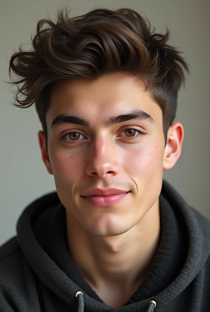 Man with singer Shawn Mendes’s face with Brown eyes and short hair