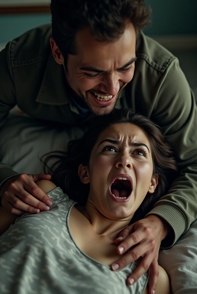 A 35-year-old man with brown eyes, a sadistic gaze and smile, grabbing the hair of a young woman crying in fear, , with wavy hair and pajamas, lying on the floor.