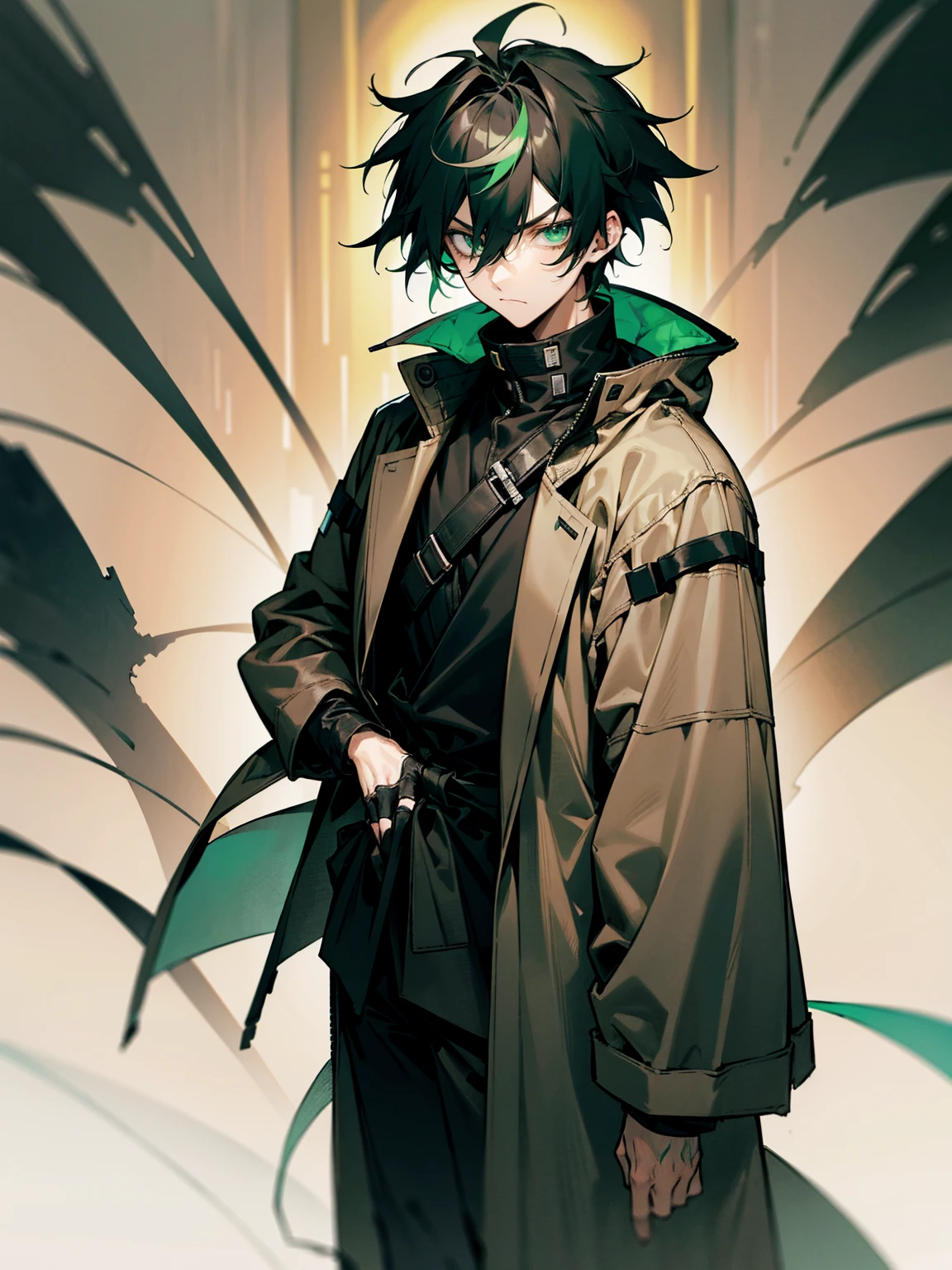 1male, black and green hair, two toned hair, messy hair, tied to the back, beige overcoat, black sweatshirt, techwear pants, lazy expression, serious expression