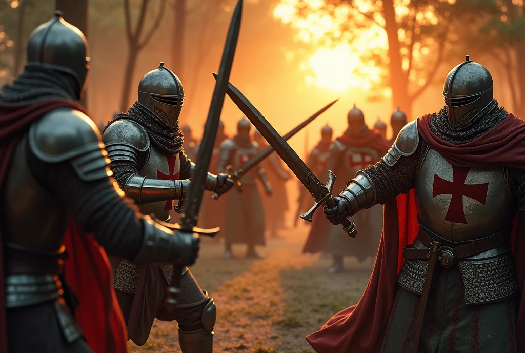 Profile,  Many Knights dash, Muslim warriors battle scene, they dash,  in forest, sunset, 12th century, Cover the whole body in armor, He hold a double-edged sword , (one Crusader sword), The handle is cross-shaped, It is decorated, they wears a cloak with a red cross on his chest, Accurate,  ((Anatomically correct,Surrealism, UHD, retina, accurate, anatomically correct, textured skin, super detail, high details, best quality, 8K))