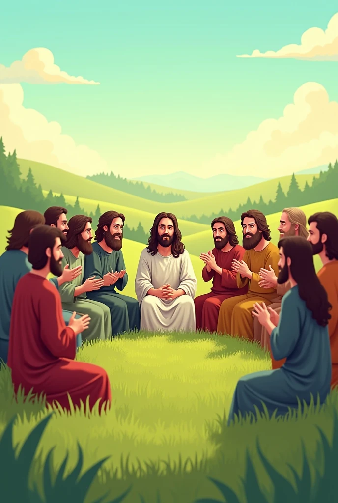Jesus of Nazareth, talking to their apostles, 12 in total, cartoon style. They are sitting in the field.