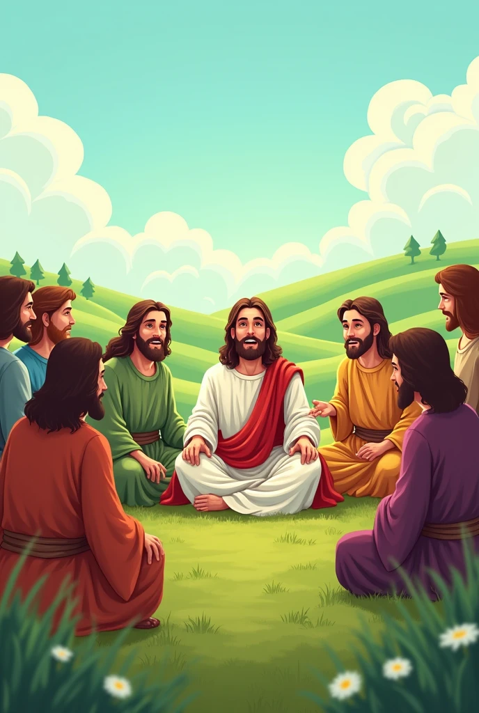 Jesus of Nazareth, talking to their apostles, 12 in total, cartoon style. They are sitting in the field.