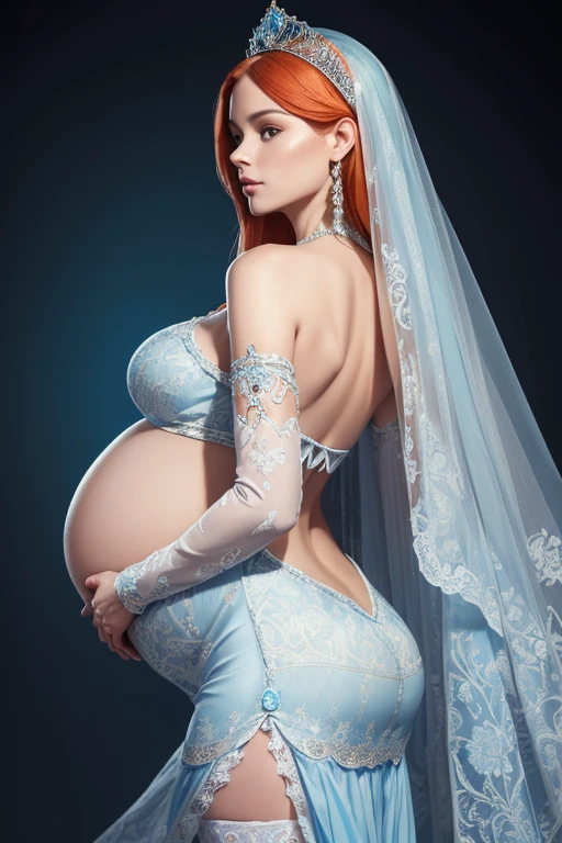 8k, masterpiece, very realistic, Full body (Sexy pregnant queen 1.2), very slim waist, slim thighs, elaborate detailed high contrast light blue detailed embroidered formal dress, long straight flowing orange hair, elaborate detailed patterned white stockings, medium breasts, pregnant, (curved back 1.2), silver tiara with light blue gems, from the back 