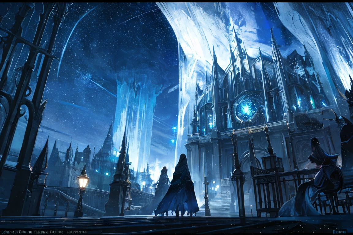 Describe A Dark Fiction Realm, com uma batalha no fundo, existem arvores com galhos secos, The night is dark, the stars shine in the sky with different sparkling colors, the atmosphere is dark and tense. city on edge of lake, seen from distance, night, iluminated by many lights