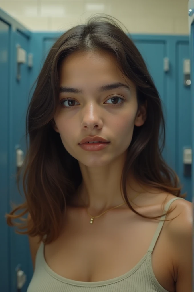 in close-up she is in the girls' bathroom locker room, with school clothes, she is wearing light brown gloss lipstick, she is confident