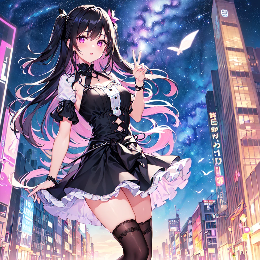 masterpiece, best quality, high quality, extremely detailed, very delicate and beautiful, (1 female 18 years old solo:1.5), (long black hair up to waist with two side up:1.5), bangs to eyebrows, eyes (eyes sharp, strong and glossy, eyebrows glossy, (eye color magenta:1.3), 6.5 head height, (summer short-sleeved gothic fashion:1.3), knee socks, lace, ruffles, (meeting someone:1.3), (dynamic pose), (background city :1.3), (Milky Way Night Sky: 1.3)