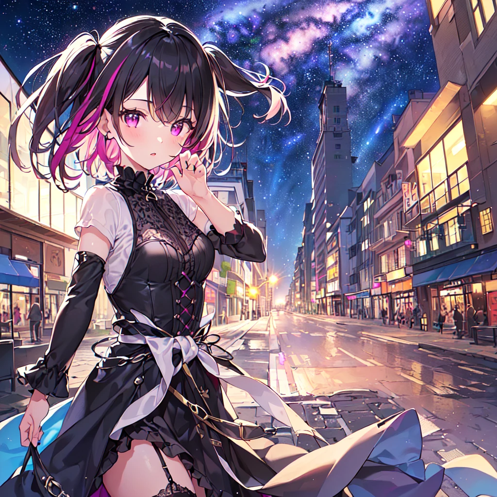 masterpiece, best quality, high quality, extremely detailed, very delicate and beautiful, (1 female 18 years old solo:1.5), (long black hair up to waist with two side up:1.5), bangs to eyebrows, eyes (eyes sharp, strong and glossy, eyebrows glossy, (eye color magenta:1.3), 6.5 head height, (summer short-sleeved gothic fashion:1.3), knee socks, lace, ruffles, (meeting someone:1.3), (dynamic pose), (background city :1.3), (Milky Way Night Sky: 1.3)
