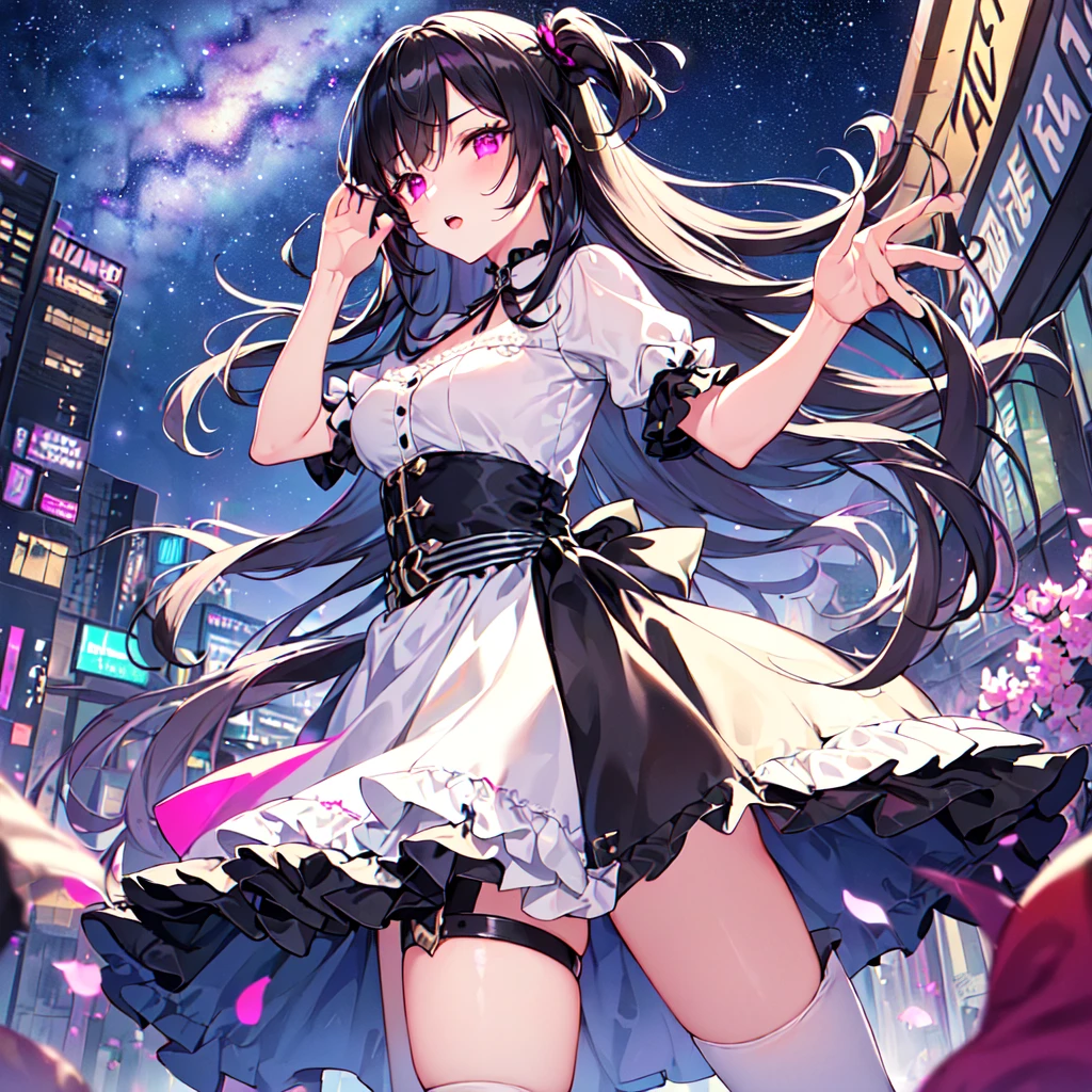 masterpiece, best quality, high quality, extremely detailed, very delicate and beautiful, (1 female 18 years old solo:1.5), (long black hair up to waist with two side up:1.5), bangs to eyebrows, eyes (eyes sharp, strong and glossy, eyebrows glossy, (eye color magenta:1.3), 6.5 head height, (summer short-sleeved gothic fashion:1.3), knee socks, lace, ruffles, (meeting someone:1.3), (dynamic pose), (background city :1.3), (Milky Way Night Sky: 1.3)