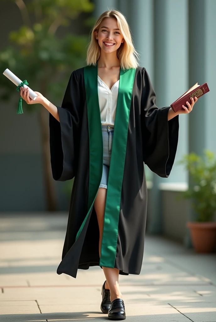Full body image of a young white woman with brown eyes, straight blonde hair, smiling, wearing a black and green graduation gown, black shoes. Holding 1 book in one hand and the other hand up holding a diploma scroll.