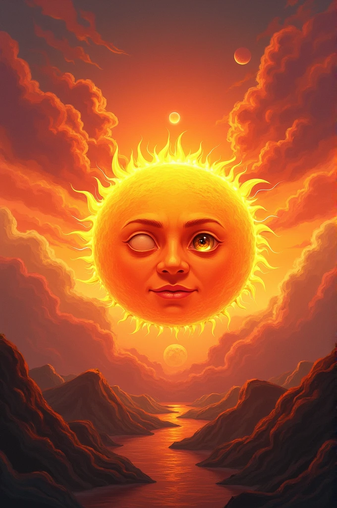 Sun with one eye, with a sunset background