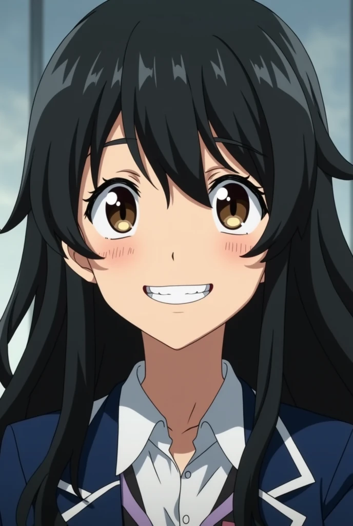 My hero academia screencap of a girl; long, black, wavy hair which are styled in layers, no bangs. Light caramel skin. Light brown eyes. Faint freckles above cheeks. Two beauty marks: one below her right eye and another on her right cheek. White, straight teeth, with defined canines. Smiling. And wearing the U.A uniform of my hero academia. My hero academia style.