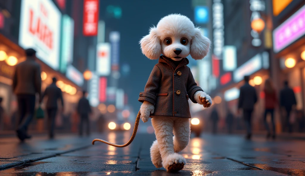 Create a lifelike 8K photorealistic model of a Poodle dog wearing a leash around its neck and walking like a human. Its hands should be dog paws. The model should be wearing fashionable clothes and be in a nighttime environment filled with humans and cars.