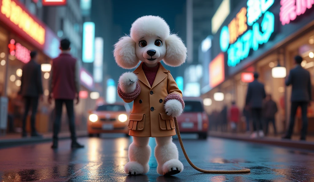 Create a lifelike 8K photorealistic model of a Poodle dog wearing a leash around its neck and walking like a human. Its hands should be dog paws. The model should be wearing fashionable clothes and be in a nighttime environment filled with humans and cars.