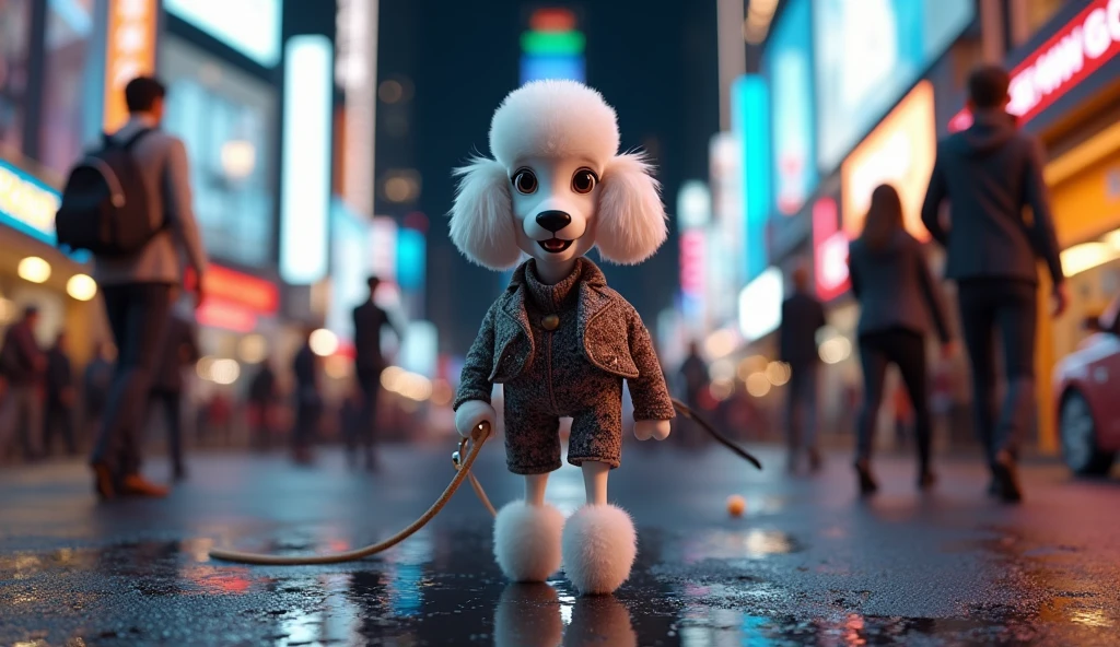 Create a lifelike 8K photorealistic model of a Poodle dog wearing a leash around its neck and walking like a human. Its hands should be dog paws. The model should be wearing fashionable clothes and be in a nighttime environment filled with humans and cars.