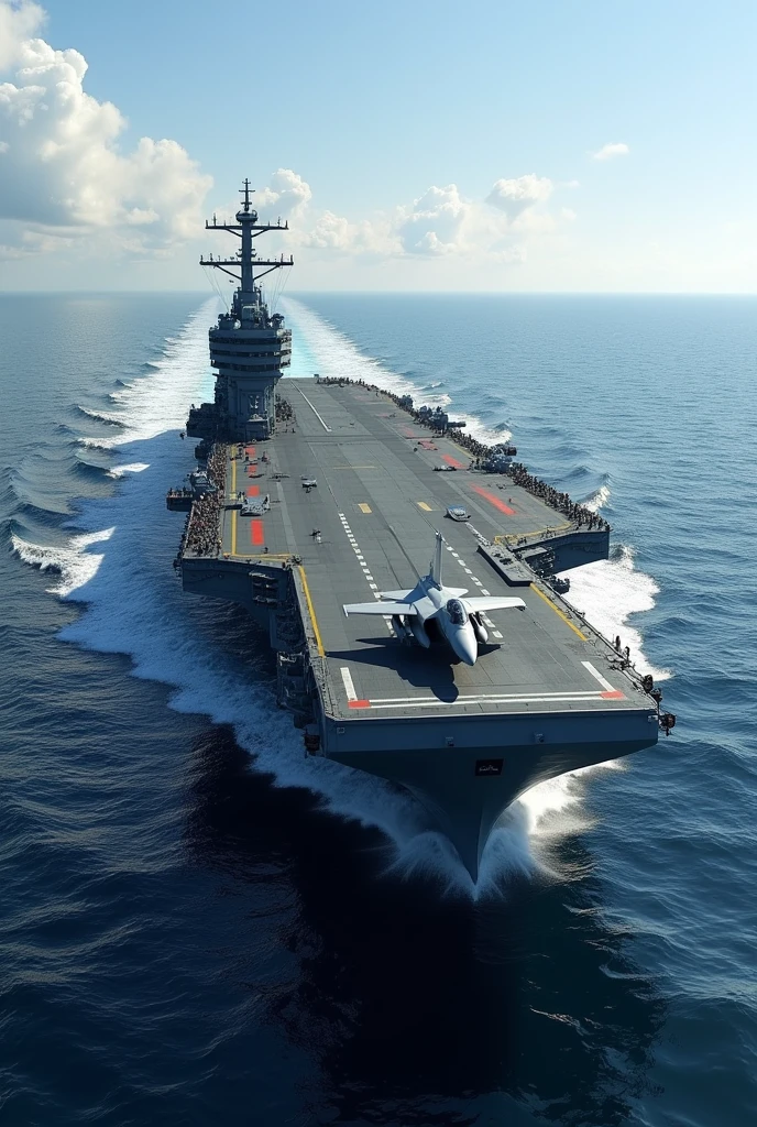 A modern aircraft carrier in the sea with a jet fighter taking off from it. Very realistic