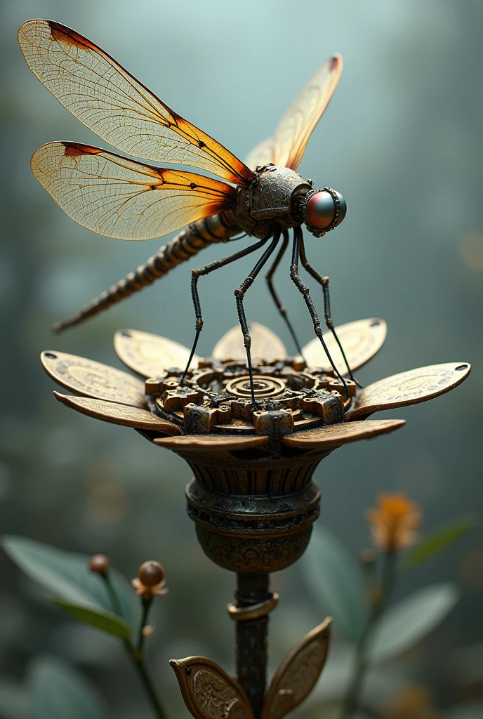 magic mechanical elegant dragonfly, ancient mechanism, fantasy art, ancient civilization, sitting on the mechanical flower