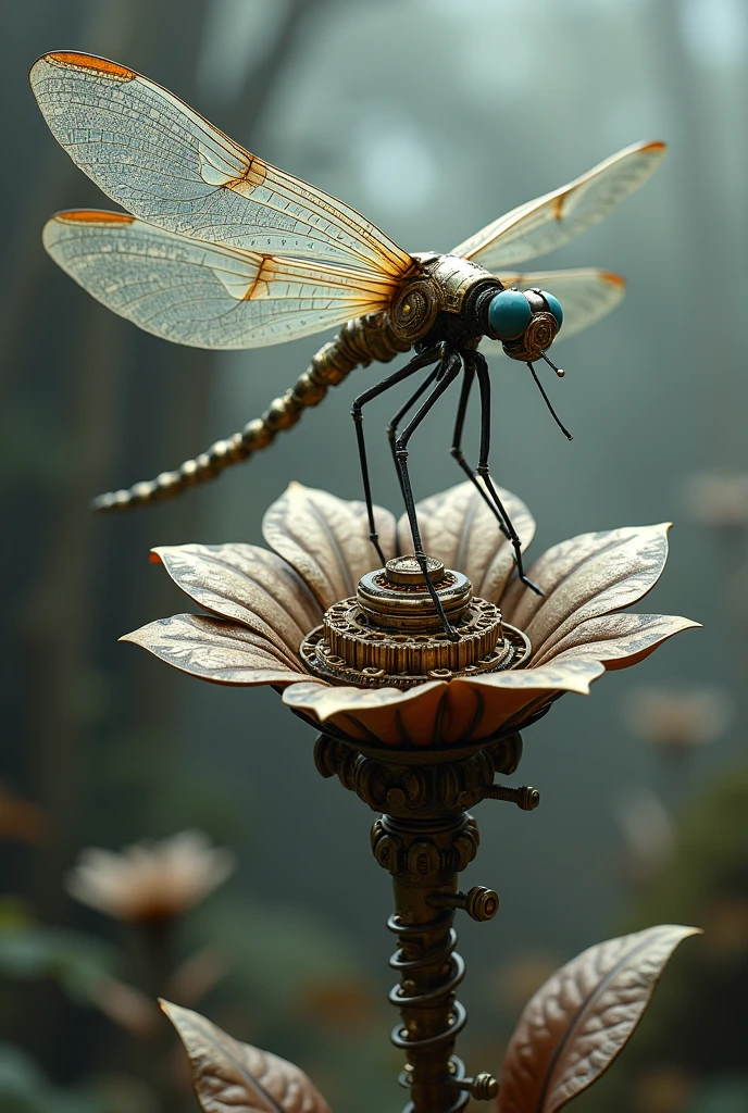 magic mechanical elegant dragonfly, ancient mechanism, fantasy art, ancient civilization, sitting on the mechanical flower