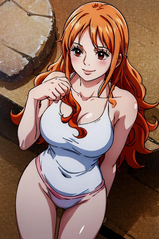 Long Hair, Silky orange hair,Pinkish white skin,Chewy skin,Large Breasts, Marshmallow-like breasts,Highly detailed CG illustration,Chewy thighs,beautiful,((High resolution)), (((Highest quality ))),Realistic beautiful skin,pale pink lips,(masterpiece),one person, gauze, Beautiful smile,Black bodysuit,Top view