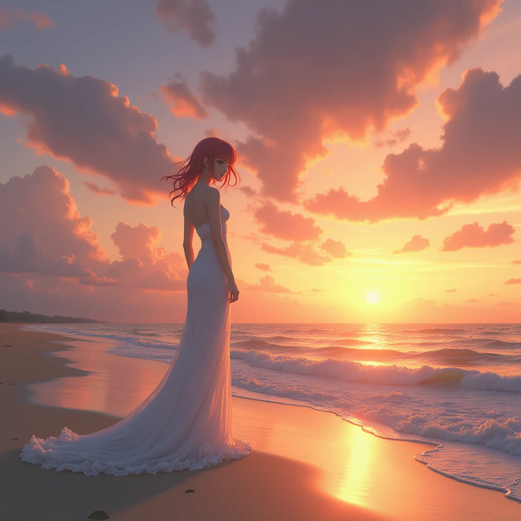 Naked Ayanami Reu on the seashore sunset, waves