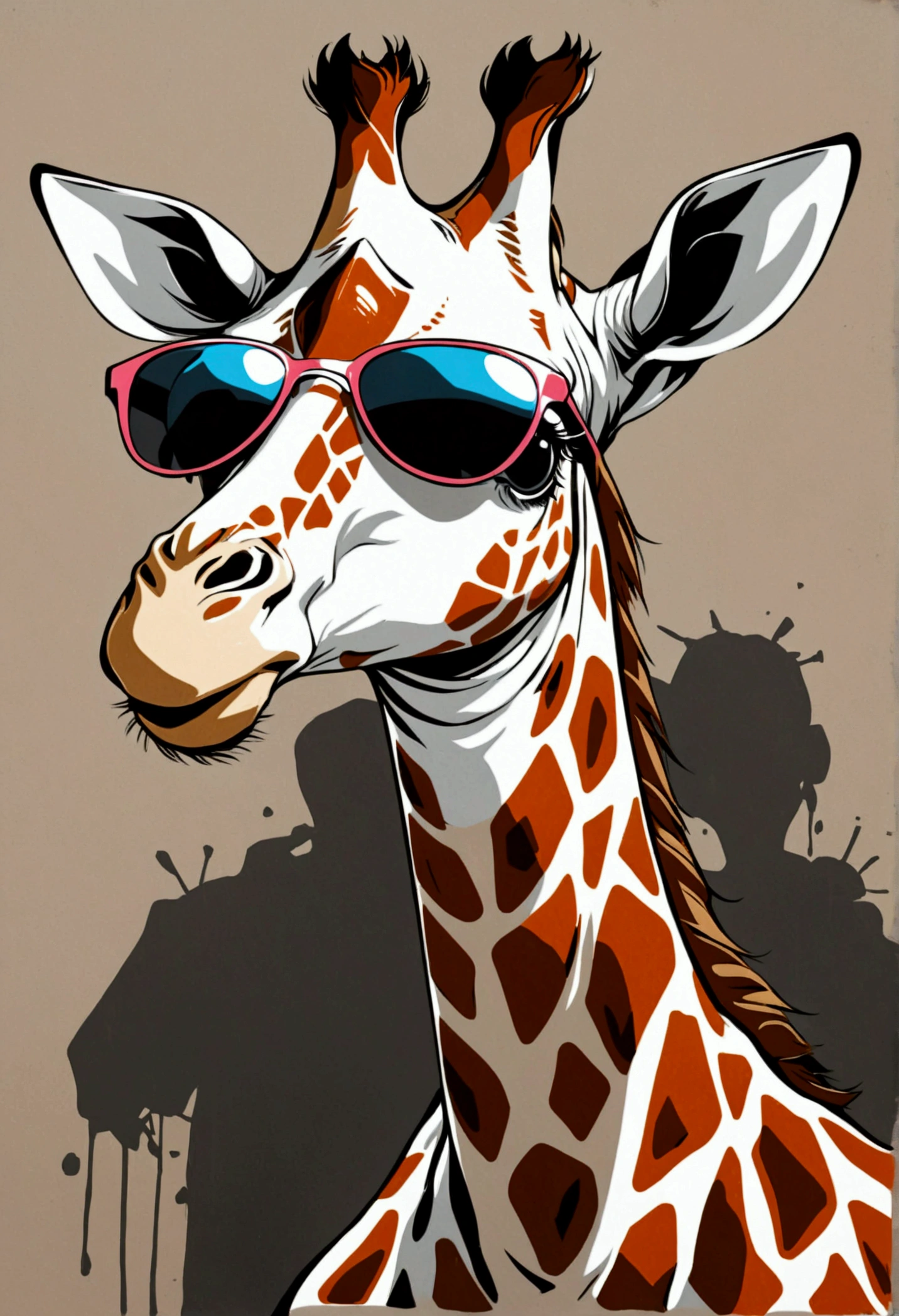 Giraffe in light brown white with sunglasses, pop art, graffiti