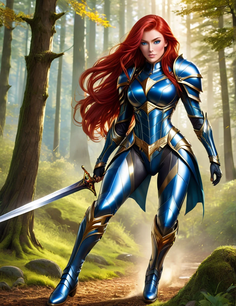 Professor Sylara is a tall, athletic 25-year-old human woman with long, deep red hair and blue eyes., wearing elegant armor with gold details, tight pants with colors according to his armor with riding boots, a sword, and a background of a forest, anime style. Individual image of her in full body. without cape. He is in action pose. No tree. Has one leg raised with the knee bent, like he was kicking or jumping. No enemies. His mouth is slightly open as if he had exercised a lot.. He has light skin.