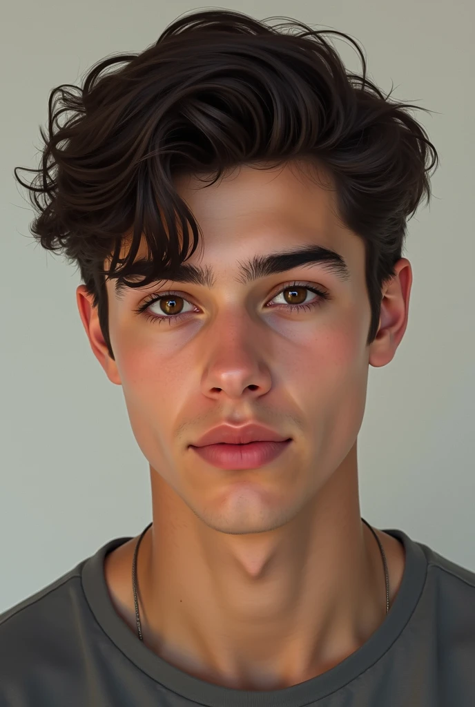 Man with singer Shawn Mendes’s face with dark Brown eyes and dark brown short hair