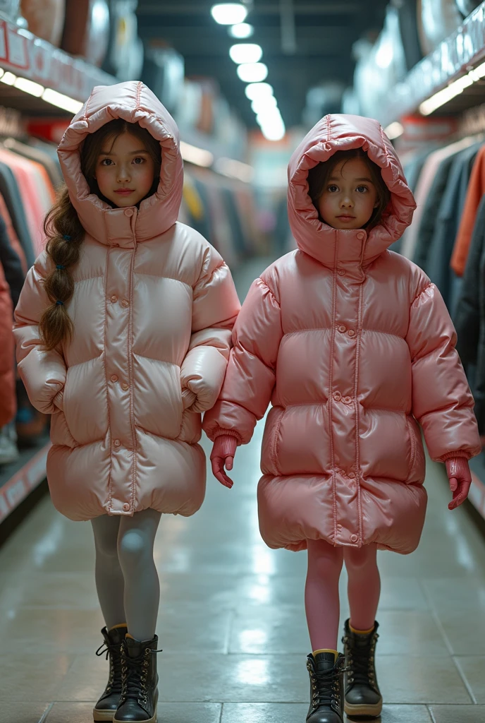 a slim ponytail girl and her bestie walking in a pufferstore,beautiful detailed eyes,beautiful freckles,beautiful detailed lips,extremely detailed eyes and face,longeyelashes, wearing beautiful detailed full length skintight airtight hood covering her head formfitting duvetica overfilled super thick fully transparent puffer vest covering over her super padded high-collared fully transparent pufferjacket, fully transparent latex leggings,symmetrical,masterpiece,cinematic,lifelike,hyperrealistic,8k,photorealistic,highly detailed,intricate,exquisite,elegant,beautiful,stunning