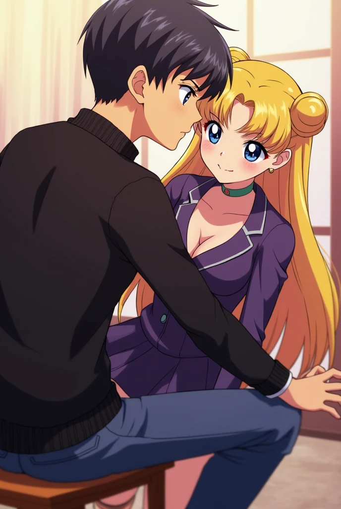 (best quality, high resolution), 1 man 1 woman, having sex on a table, fucking, woman with her knee bent, skirt raised, sexual missionary position, I watch from the side, detailed facial expressions, intense gaze of the man, hug passionate, man with short black hair, blue eyes, wearing a black sweater and jeans, similar to Darien Chiba, woman with long blonde hair, buns, light skin, blue eyes, dressed in a low-cut suit, similar to Serena Tsukino, sensual atmosphere, soft lighting, artistic representation, vibrant colors. high quality and resolution image, from the Sailor Moon anime