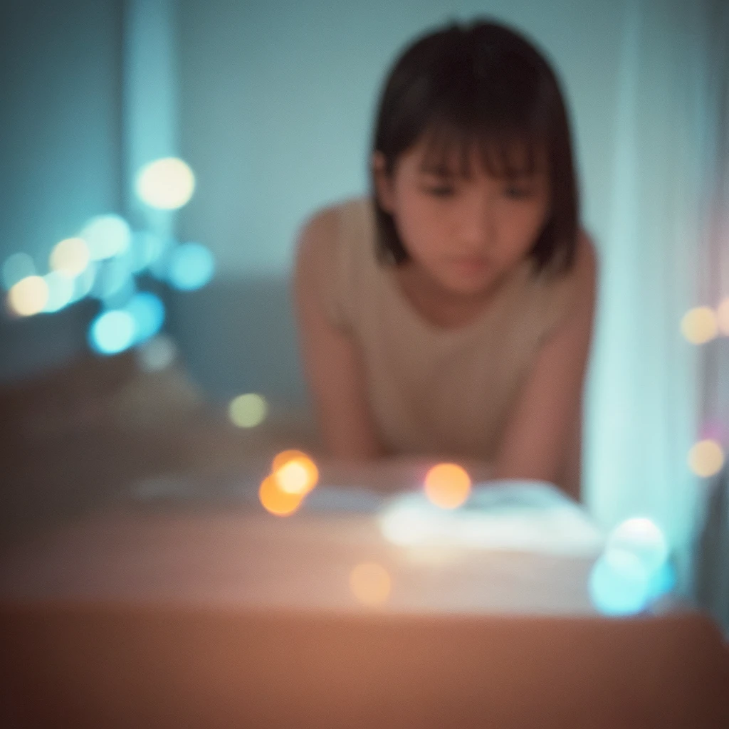 (Sumilux f1.4 36mm , Polaroid , low Latitude old color negative film , cross process , (bokeh), Long exposure , blur , flare, chromatic aberration , soft focus, (Shallow focus) , soft glow , Maximum aperture, low Key , Transparent depiction , Tyndall) , thick woman , looking away , (in the bedroom:1.3) , dim light