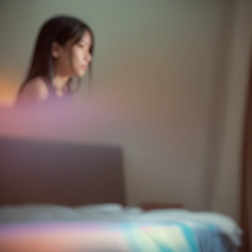(Sumilux f1.4 36mm , Polaroid , low Latitude old color negative film , cross process , (bokeh), Long exposure , blur , flare, chromatic aberration , soft focus, (Shallow focus) , soft glow , Maximum aperture, low Key , Transparent depiction , Tyndall) , thick woman , looking away , (in the bedroom:1.3) , dim light