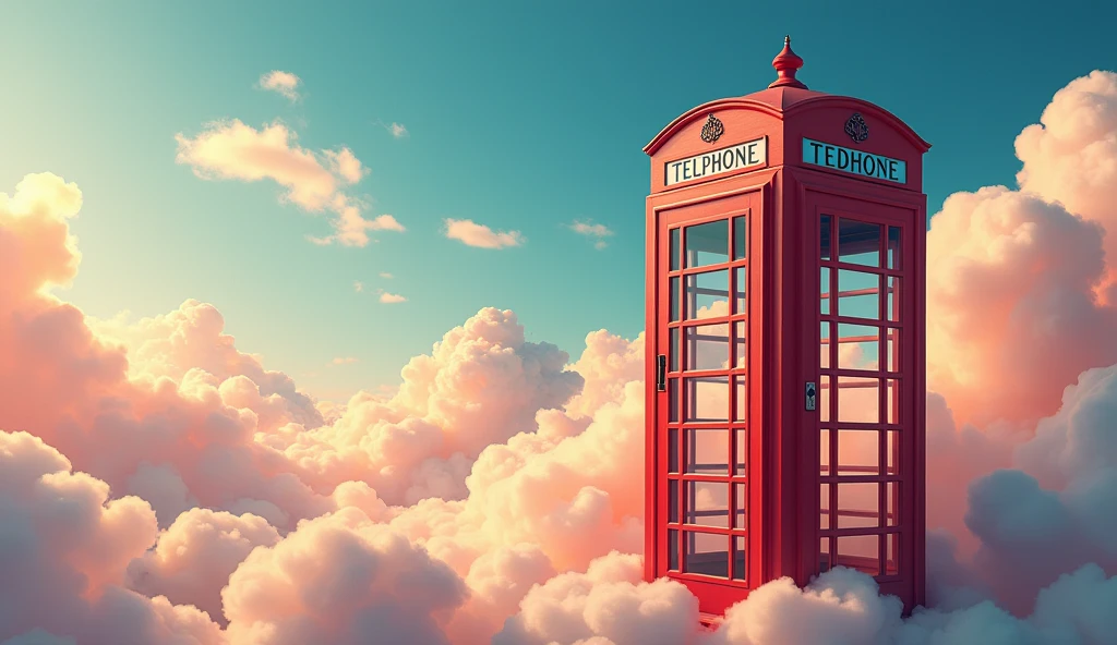 Image generated of a telephone booth with a sky background, Promotional Art BBC, by Wayne England, Fantastical telephone booth, positioned on the right side, Written on top of the booth TEDOMA, fancy, 3840x2160, 3840 x 2160, por Derek Hill, Dr. Quem, por Jason Benjamin, Direction: Steve Prescott