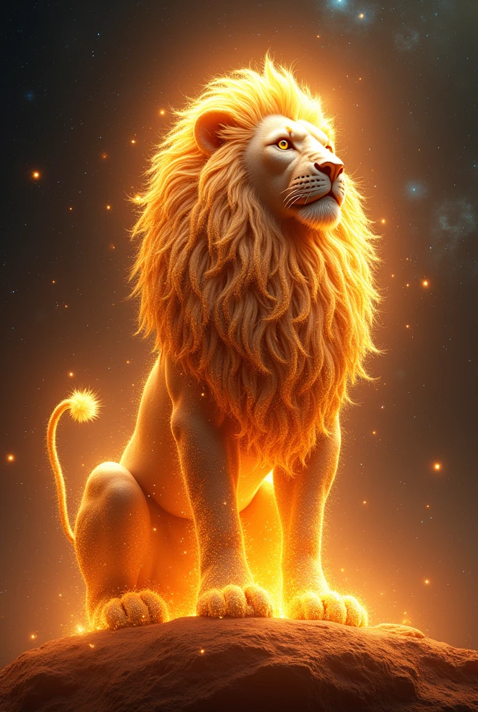 1. **Lion Symbol**: The Lion symbol is a stylized lion, generally represented by a figure that resembles a lion's tail or a circle with a line that curves upward. In a galactic style, draw the symbol with a golden glow effect and a radiant aura that evokes the majesty and royalty of the sign.
2. **Colors and Style**: Use a color palette that includes shades of gold, LARANJA E VERMELHO, with touches of dark blue and black to contrast. The background should be a cosmic setting with bright stars and a glowing nebula that mimics the shine of the sun, highlighting the power and energy of Leo.
3. **Additional Elements**: Add elements that refer to royalty and the strength of the lion. Include an ethereal figure of a lion made of starlight or cosmic dust, with a mane of shimmering stars. You can also incorporate a crown of stars or a celestial throne to emphasize the dominant and majestic character of Leo.
4. **Texture and Effects**: Use textures that resemble the surface of a hot, fiery planet, with sparkles and light effects to give a dramatic and grandiose touch. Apply flame and stellar radiation effects around the symbol to reflect the passion and brilliance that Leo brings to the universe.