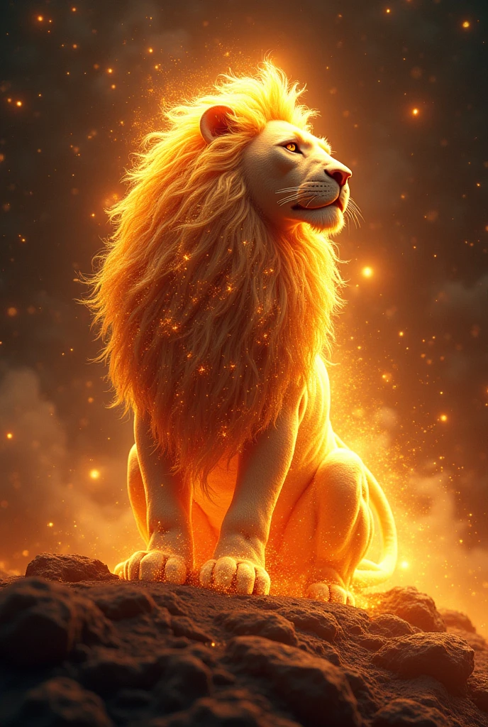 1. **Lion Symbol**: The Lion symbol is a stylized lion, generally represented by a figure that resembles a lion's tail or a circle with a line that curves upward. In a galactic style, draw the symbol with a golden glow effect and a radiant aura that evokes the majesty and royalty of the sign.
2. **Colors and Style**: Use a color palette that includes shades of gold, LARANJA E VERMELHO, with touches of dark blue and black to contrast. The background should be a cosmic setting with bright stars and a glowing nebula that mimics the shine of the sun, highlighting the power and energy of Leo.
3. **Additional Elements**: Add elements that refer to royalty and the strength of the lion. Include an ethereal figure of a lion made of starlight or cosmic dust, with a mane of shimmering stars. You can also incorporate a crown of stars or a celestial throne to emphasize the dominant and majestic character of Leo.
4. **Texture and Effects**: Use textures that resemble the surface of a hot, fiery planet, with sparkles and light effects to give a dramatic and grandiose touch. Apply flame and stellar radiation effects around the symbol to reflect the passion and brilliance that Leo brings to the universe.