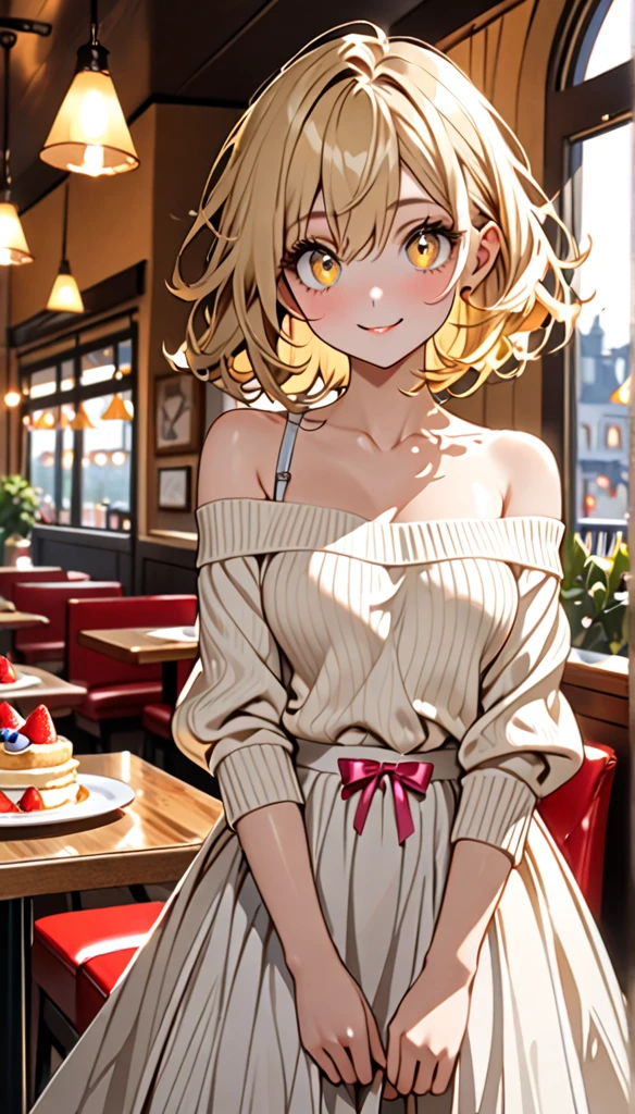 masterpiece, absurdres, best quality, ultra detailed, high Resolution, detailed illustration, extremely beautiful detailed face and eyes, bright colour, 1girl, cute face, Delicate beautiful face, yellow eyes, cute eyes, sparkling eyes, big eyes, medium breasts, (perky breasts:1.1), (pointy breasts:1.1), medium hips, glamorous body, white skin, smile, BREAK, long bob cut, (blonde hair:0.8), messy hair, detailed hair, shiny hair, BREAK off shoulder sweater, long skirt, tiny ribbon, restaurant, shortcake, real world, natural lights, perfect lighting,