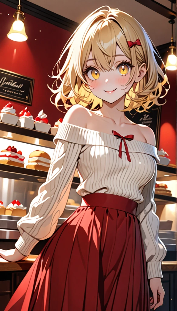 masterpiece, absurdres, best quality, ultra detailed, high Resolution, detailed illustration, extremely beautiful detailed face and eyes, bright colour, 1girl, cute face, Delicate beautiful face, yellow eyes, cute eyes, sparkling eyes, big eyes, medium breasts, (perky breasts:1.1), (pointy breasts:1.1), medium hips, glamorous body, white skin, smile, BREAK, long bob cut, (blonde hair:0.8), messy hair, detailed hair, shiny hair, BREAK off shoulder sweater, long skirt, tiny ribbon, restaurant, shortcake, real world, natural lights, perfect lighting,